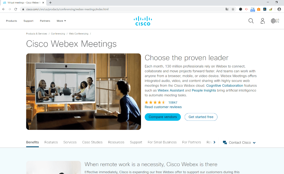 Video telephony provider Cisco Webex Meetings website.