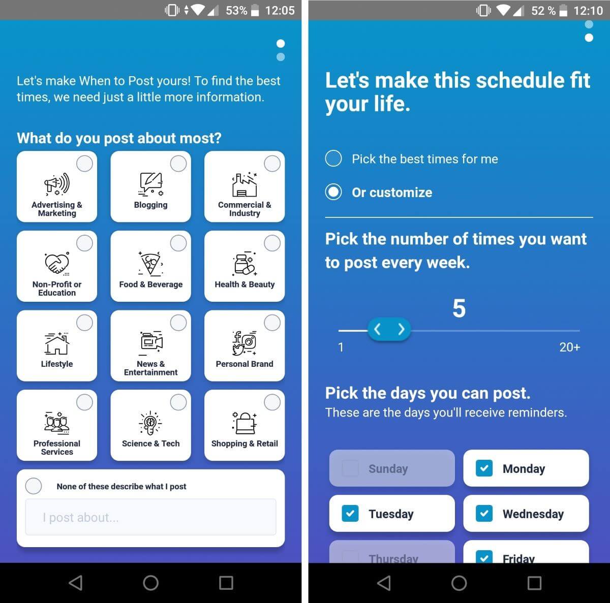 WhenToPost: Set-up manager in Android app