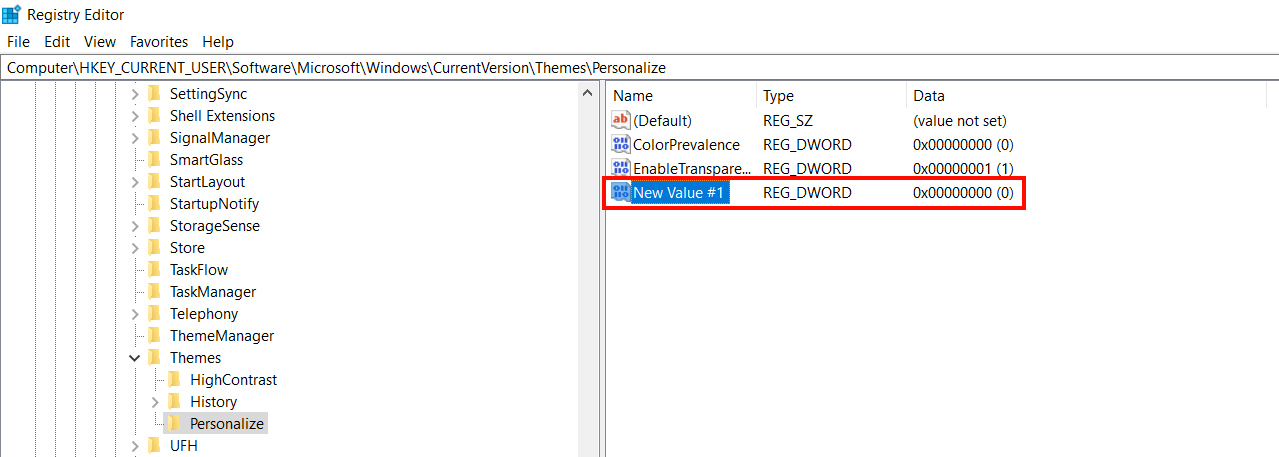 Windows 10: New value in the registry editor