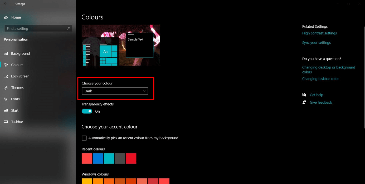 Windows 10: Enabling the dark mode