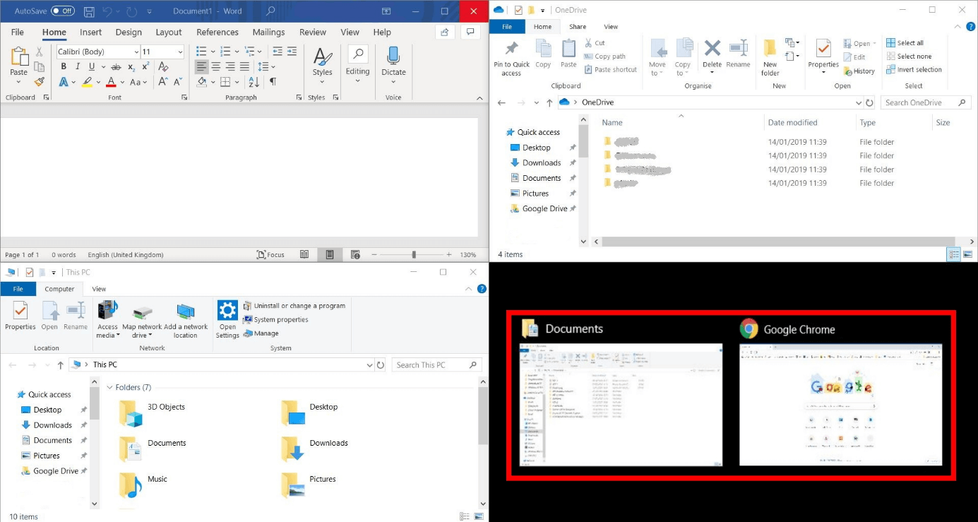 Windows 10: split screen into four sections