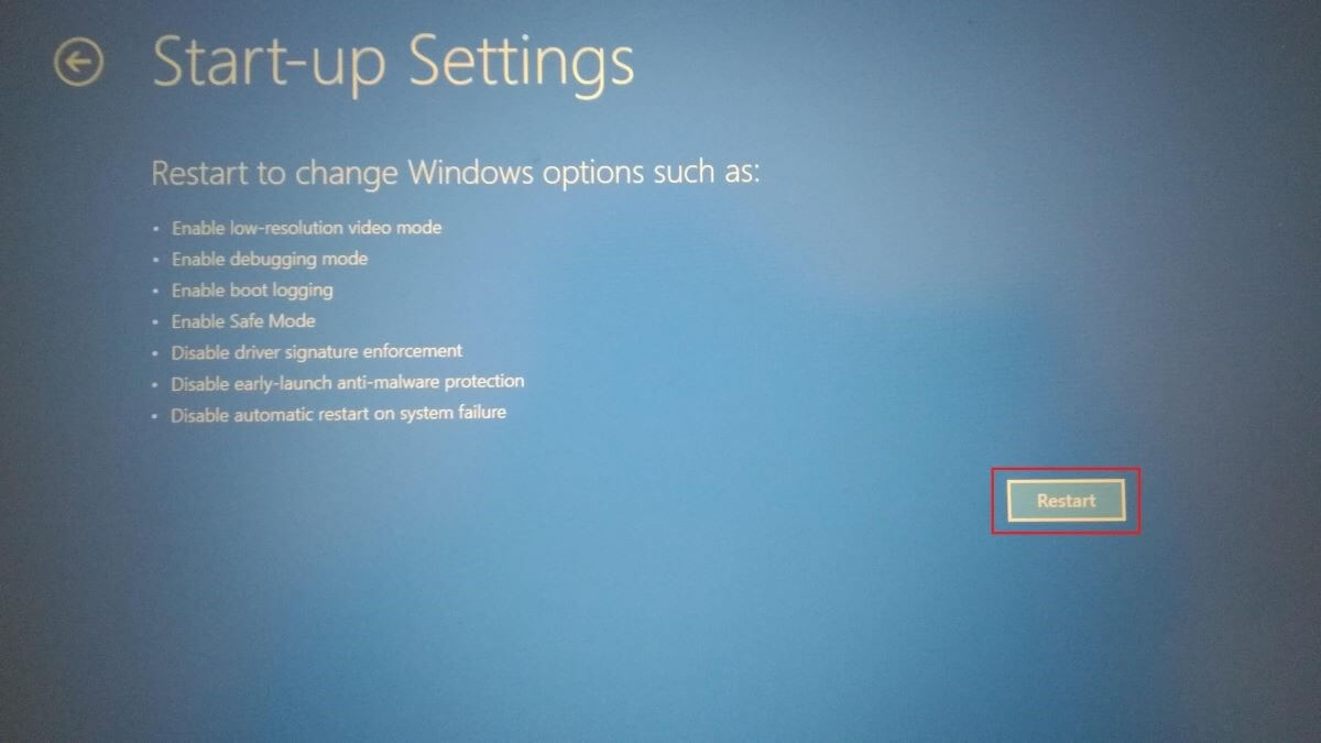 Windows 10 UEFI screenshot – start settings