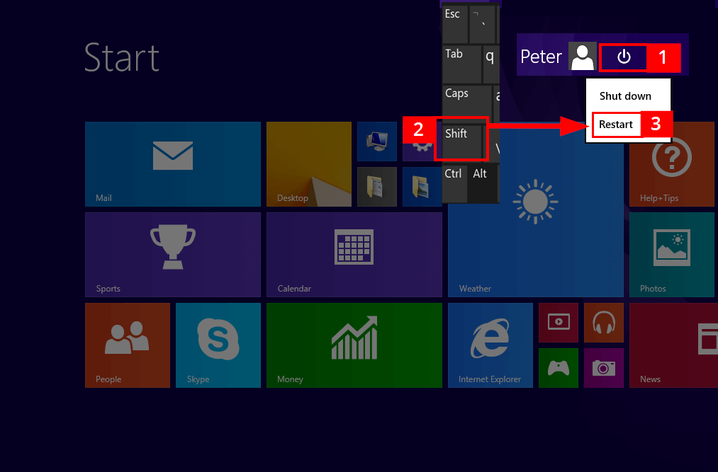 Windows 8 Charms bar with restart option