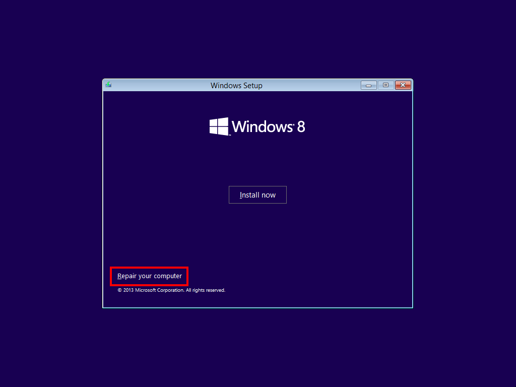 Windows 8 DVD – start screen with computer repair options