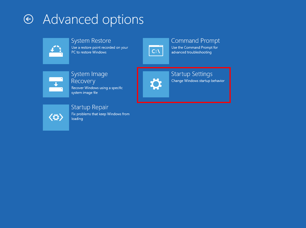 Windows 8 system recovery: advanced options with startup settings