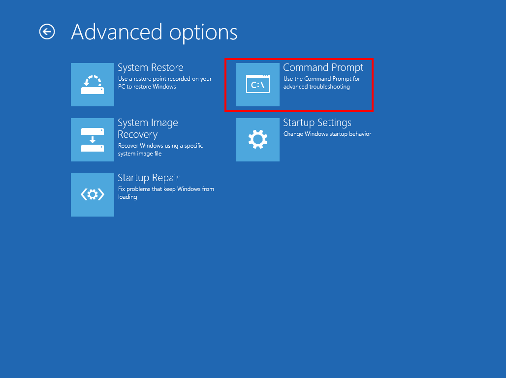 Windows 8 system recovery: advanced options with the command prompt option