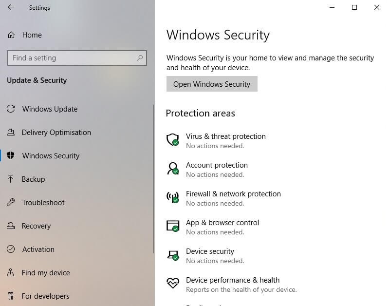 Windows Security menu