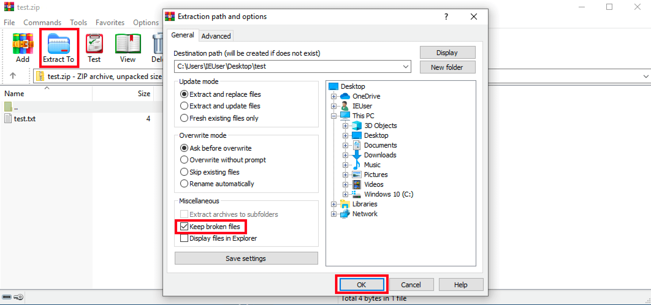 WinRAR: Extracting options