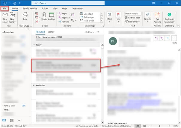 Outlook “File” tab and the email selected for printing