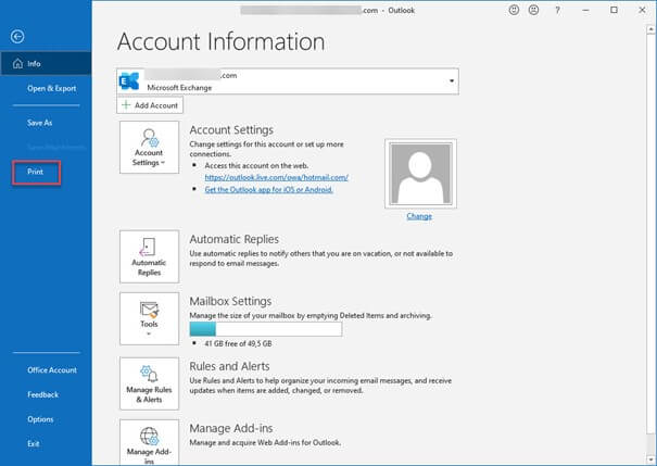 Outlook “Account Information” sidebar with option to “Print”