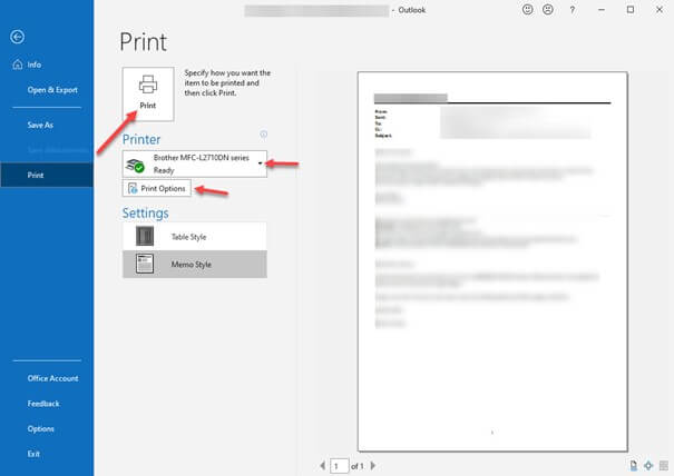 Outlook “Print” window with print button on the left and a preview of the email on the right