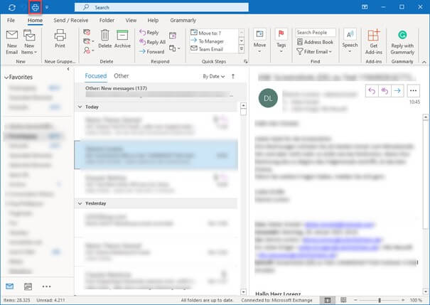 “Print” icon in Outlook’s blue menu bar