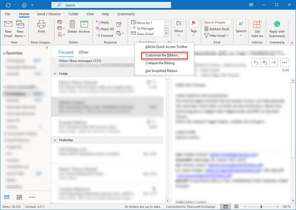 Outlook option to “Customize the Ribbon…”