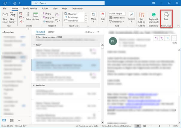 Outlook ribbon with “Print” command