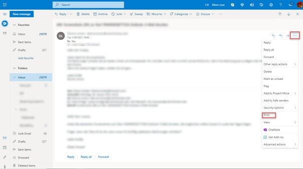 Web version of Outlook with open option menu and “Print” option