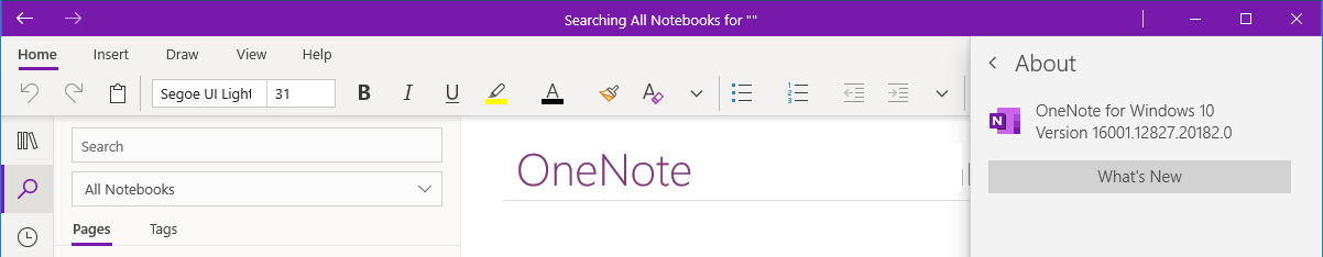 Finding the version number in OneNote 2016 