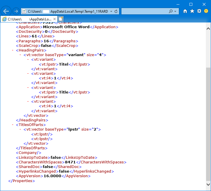 Version number of Office in the file app.xml 
