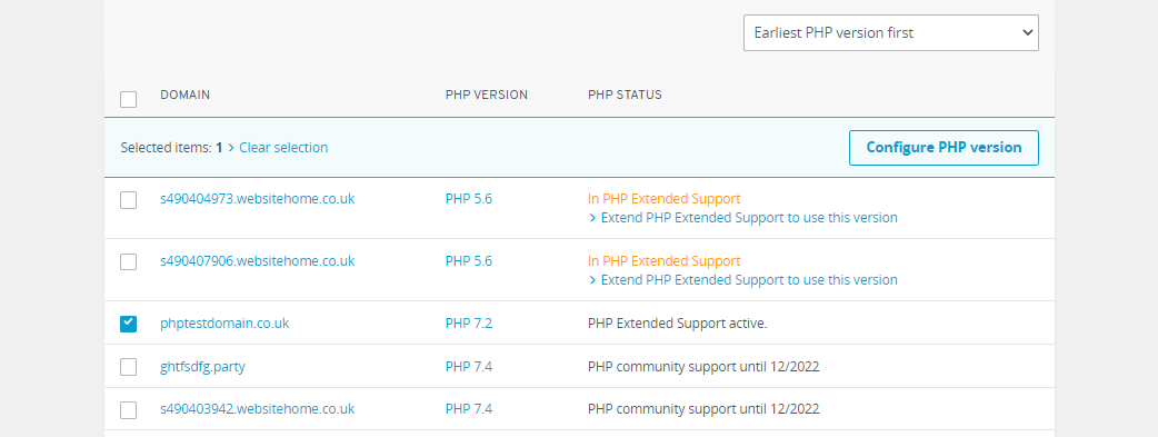 PHP status of domains in IONOS Control Panel