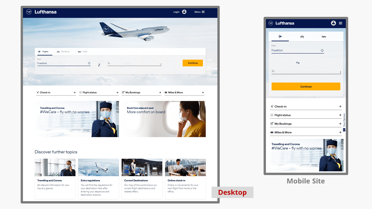 Website of the airline company Lufthansa