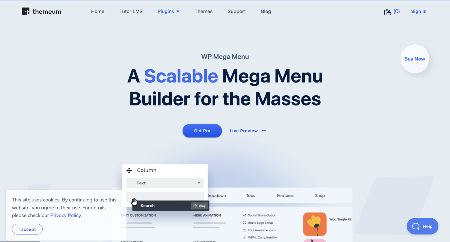 Homepage of the WP Mega Menu plugin website