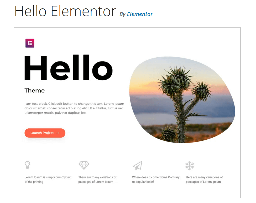 Preview of the WordPress theme “Hello Elementor” on WordPress.org