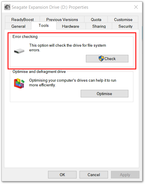 Windows 10: Window for Error checking the disk