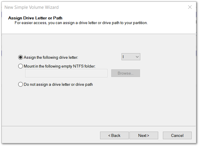 Windows 10: Window to assign a drive letter