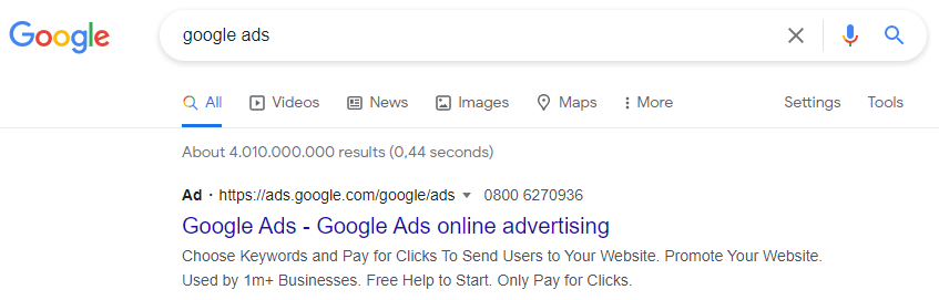 A Google advert for Google Ads on the Google SERP