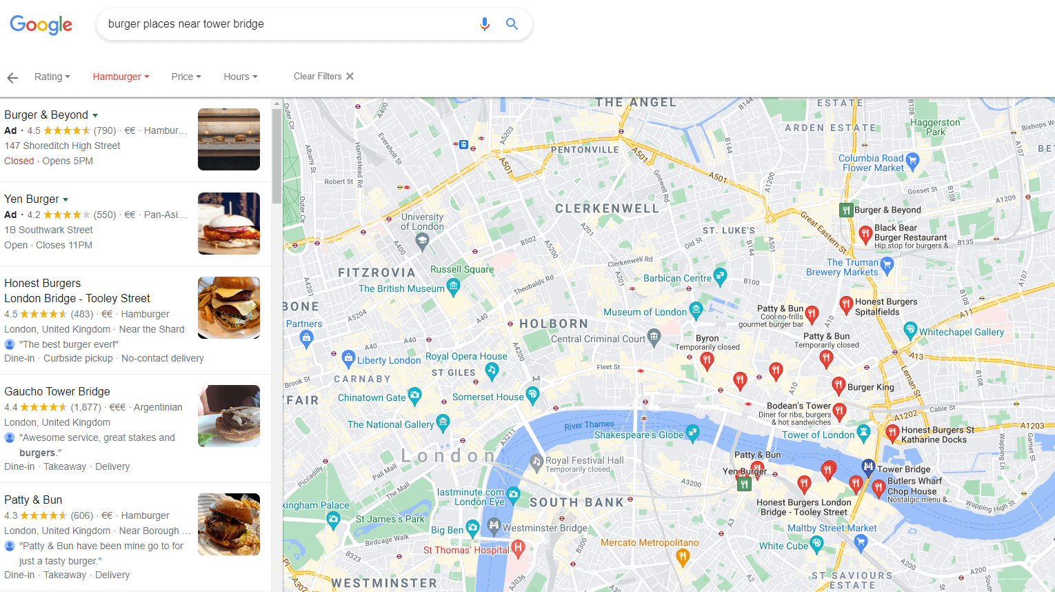 Google Maps results for the search query "burger places near tower bridge"