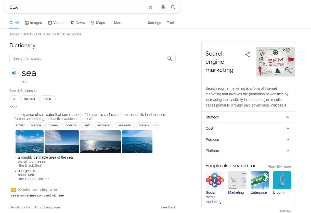 Google SERP results for the query "sea"