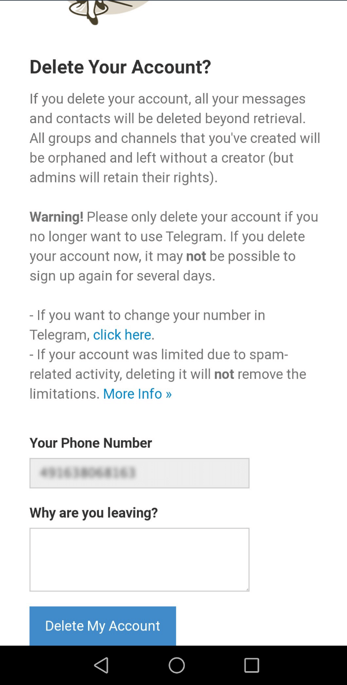 Confirmation page for deleting your Telegram account