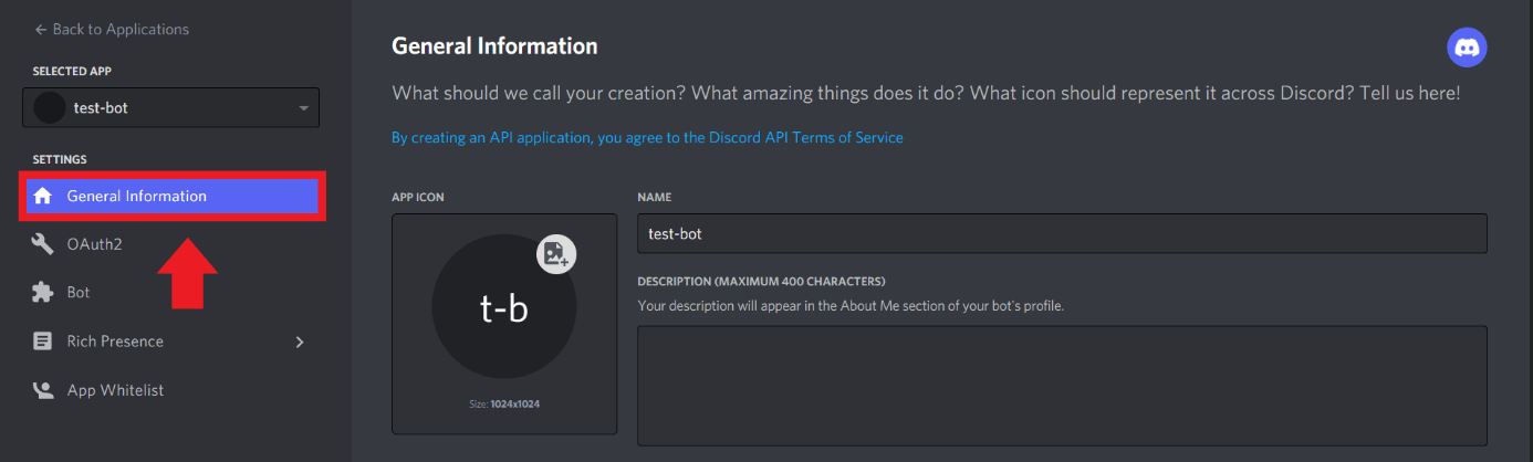 How to set the description, app icon, and name for your Discord bot