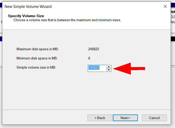 Dialog box: Specify Volume Size
