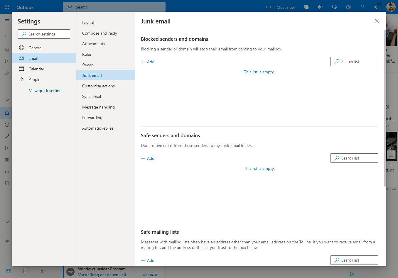 Junk email settings in Outlook.com