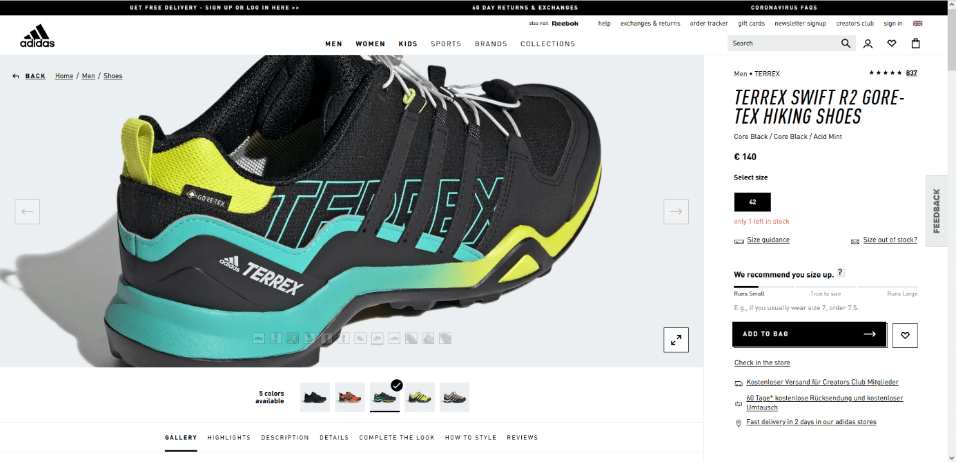 An example of ingredient co-branding: Adidas sports shoes with Gore-Tex top