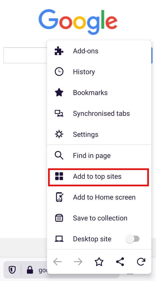 Firefox Android: Add top sites