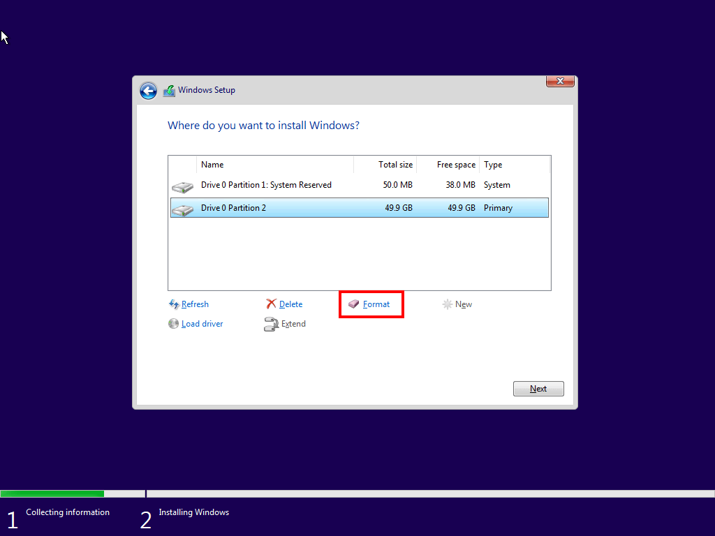Formatting the primary partition
