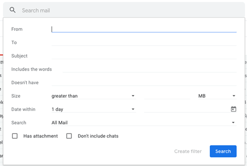 Gmail advanced search window