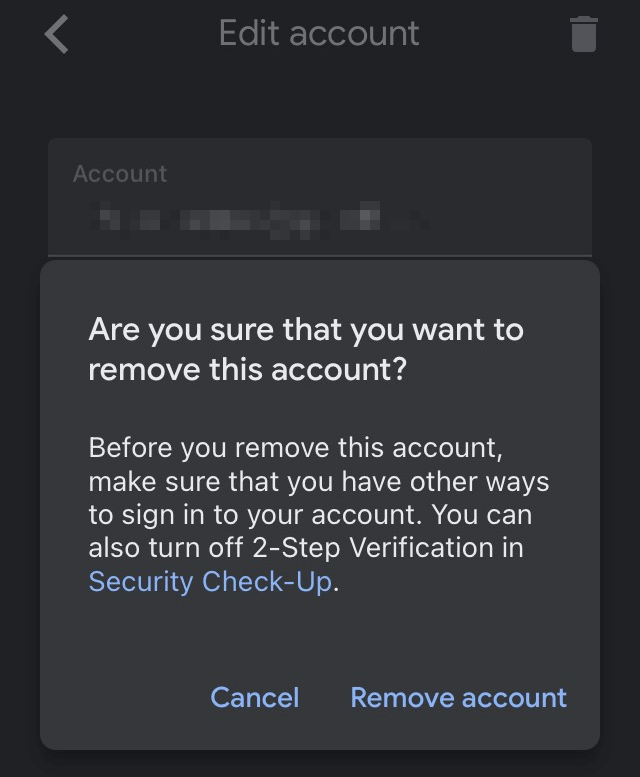 Google Authenticator app account removal