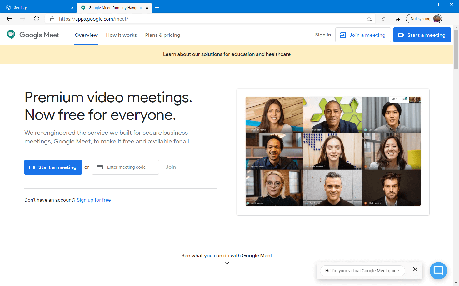 Home page of Google Meet