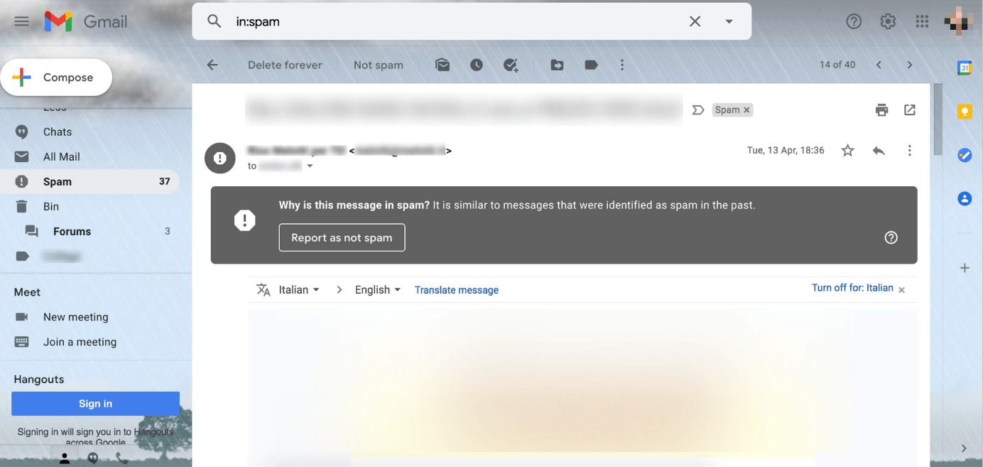 Gmail: information field when mail is blocked
