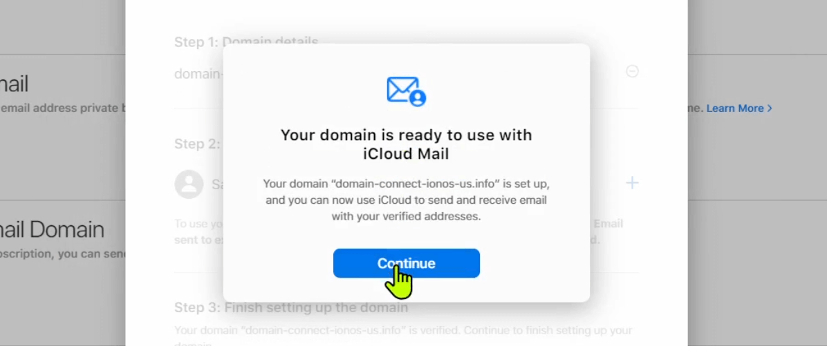 iCloud Mail: Success message after setup