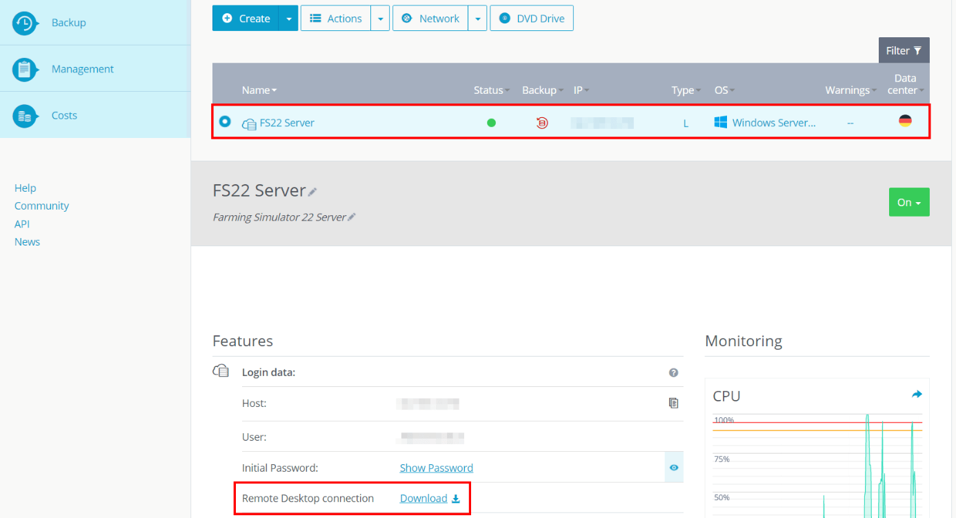 Login data to server in IONOS Cloud Panel