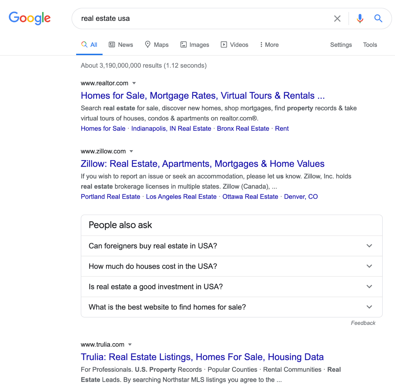 SERP Google search “real estate usa”