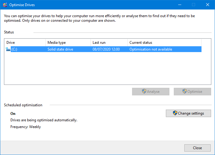 “Optimize drives” in Windows 10