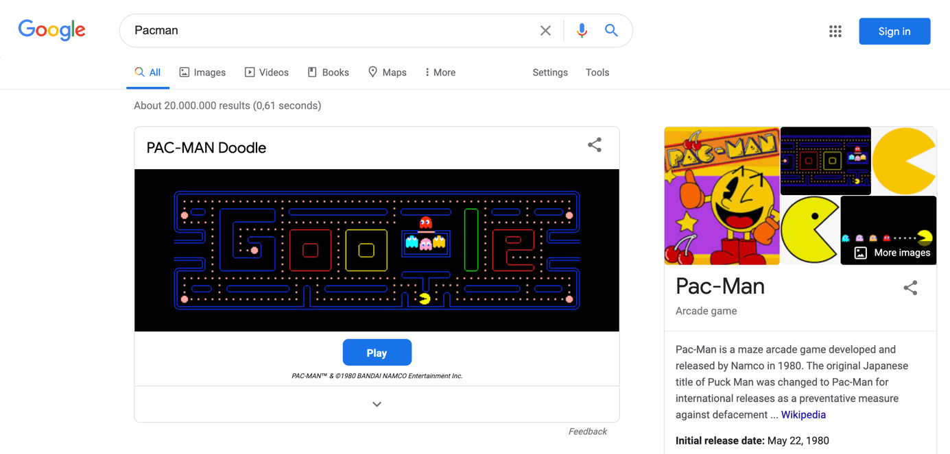 Pacman mini game on Google search results