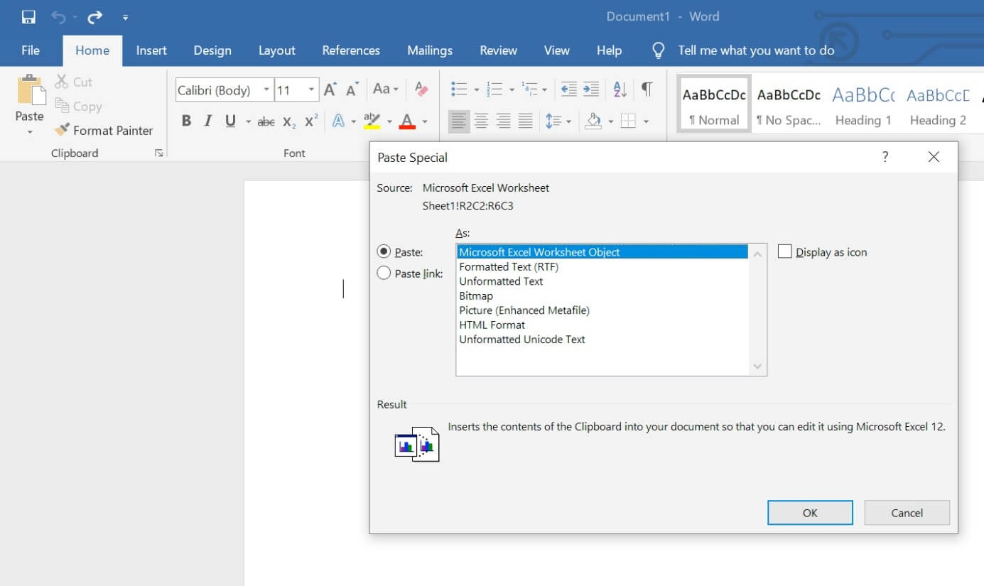 “Paste Special” dialog box in Word