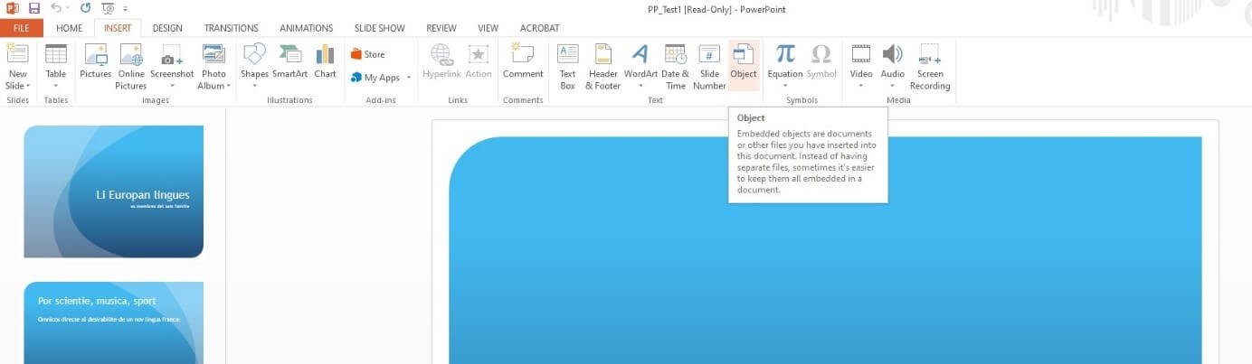 PowerPoint “Insert” tab: “Object” button