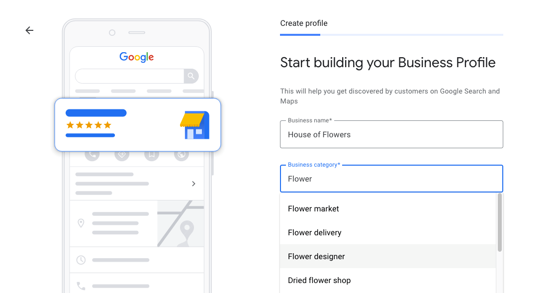 Register Google My Business: select name and business category