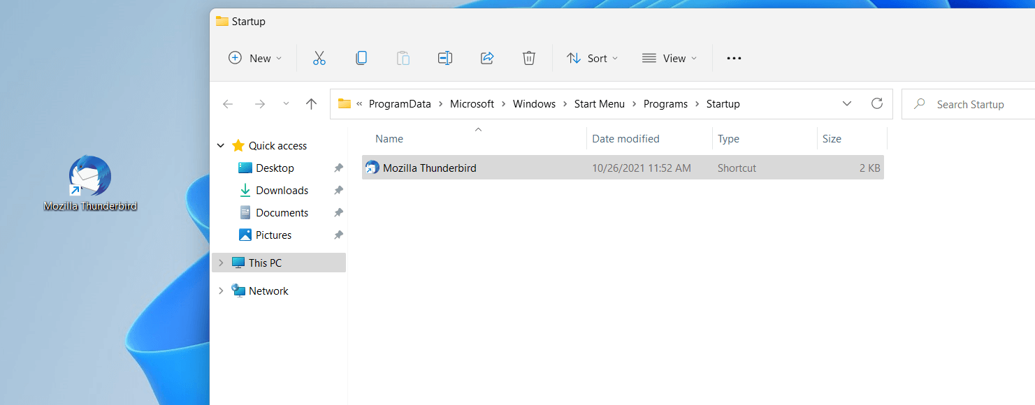 Shortcut in the user-specific Windows 11 startup folder
